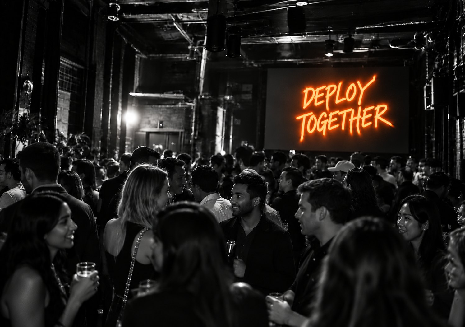 A packed warehouse party with an orange neon Deploy Together sign on the screen